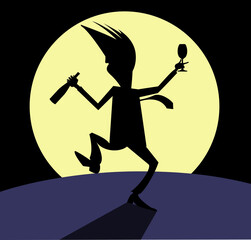 Silhouette of the man with bottle of wine and footed tumbler dancing under the moon illustration. Silhouette of the man with bottle of wine and footed tumbler and the moon on the background