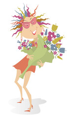 Smiling young woman holds a big bouquet of flowers isolated on white illustration	