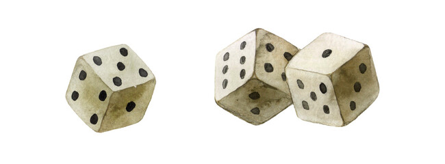 Three watercolor dices on white background