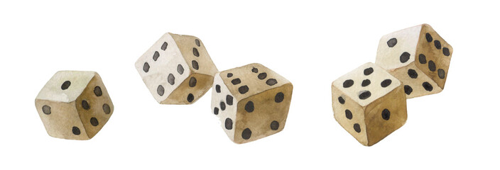 White watercolor dice . Gambling devices. Game of chance concept.
