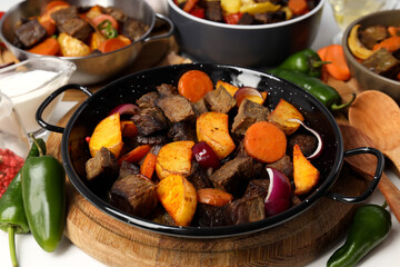 Concept of tasty food with beef with vegetables, close up