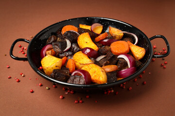 Concept of tasty food with beef with vegetables, close up
