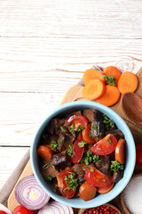 Concept of tasty food with beef with vegetables, space for text