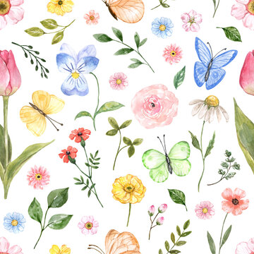 Watercolor wildflowers seamless pattern. Pretty spring meadow and garden flowers, grasses, butterflies on white background. Botanical print. Easter design.