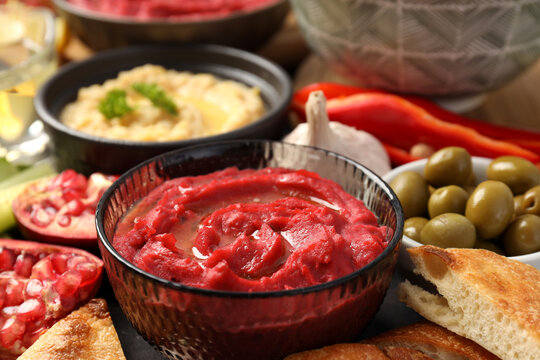 Concept of tasty food with hummus, close up