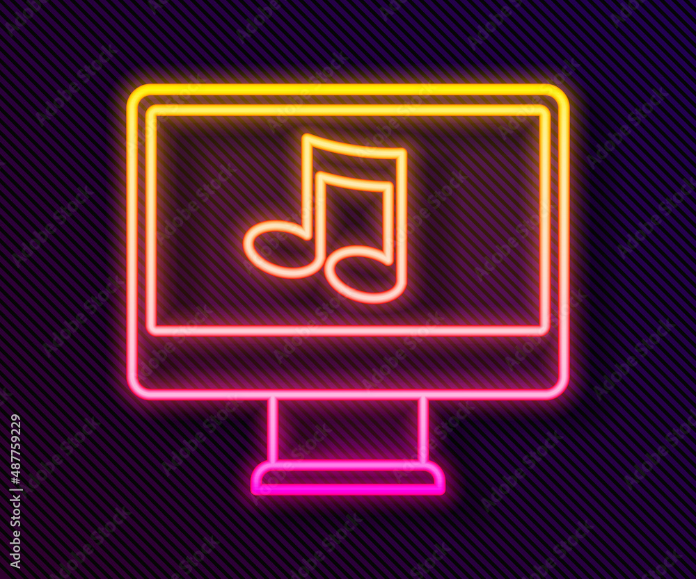 Poster glowing neon line computer with music note symbol on screen icon isolated on black background. vecto
