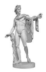 God Apollo sculpture. Ancient Greek god of Sun and Poetry Plaster copy of a marble statue isolated on white with clipping path - obrazy, fototapety, plakaty