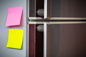 Empty paper sheet on refrigerator door. Note paper with magnetic. Valentine send text love message. Memory day note story everyday.