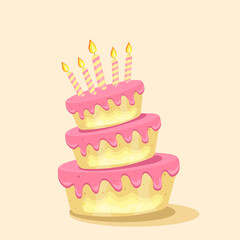 Birthday cake with chocolate creme and candles. Sweet dessert food for holiday celebration or children party. Vector illustration.