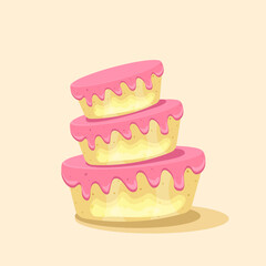 Birthday cake with pink creme. Sweet dessert food for holiday celebration or children party. Vector illustration.