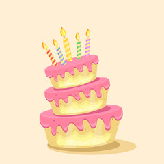 Birthday cake with chocolate creme and candles. Sweet dessert food for holiday celebration or children party. Vector illustration.