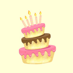 Birthday cake with chocolate creme and candles. Sweet dessert food for holiday celebration or children party. Vector illustration.