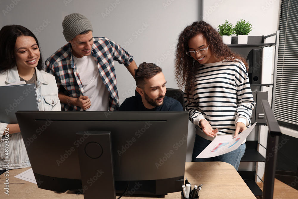 Sticker Team of employees working together in office. Startup project