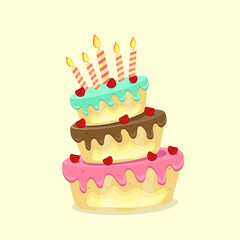 Birthday cake with chocolate creme, red cherries fruits and candles. Sweet dessert food for holiday celebration or children party. Vector illustration.