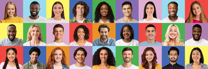 Various human faces collage. Set of happy diverse people headshots over colorful studio backgrounds, panorama