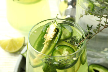 Concept of drink with jalapeno cocktail, close up
