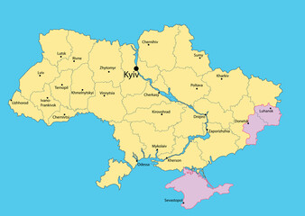 map of Ukraine with occupied territories by Russia - Donbass and Crimea, as on January 2022. Vector illustration on blue.