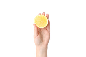 Female hand holds half of lemon, isolated on white background