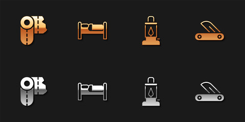 Set Paper towel roll, Bed, Camping lantern and Swiss army knife icon. Vector
