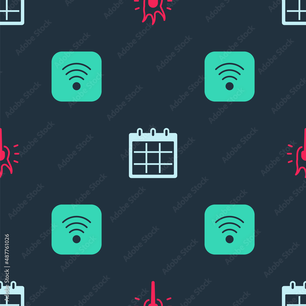 Poster set torch flame, calendar and wi-fi wireless internet on seamless pattern. vector