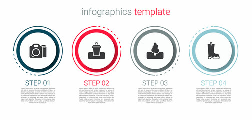 Set Photo camera, Trash can, Tree and Waterproof rubber boot. Business infographic template. Vector