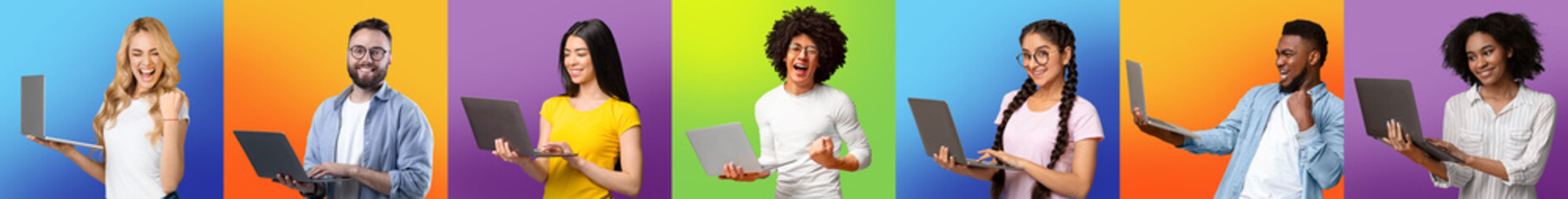Online Win. Happy Excited Multiethnic People Celebrating Success With Laptops