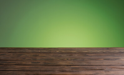 dark woodewn table on background bright green wall