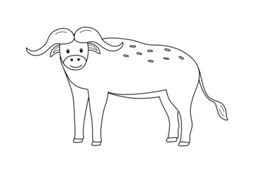 African buffalo cute cartoon vector illustration. Coloring book isolated on white.