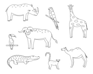 A set of drawings of cute cartoon African animals, vector illustration of a black and white outline of animals for coloring or logo.