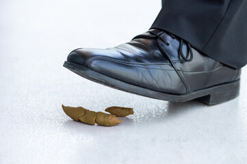 The foot of a pedestrian in a shoes is about to step in dog poop on the road - very nearly a...