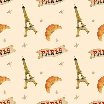 seamless watercolour pattern about France and meal for decoration