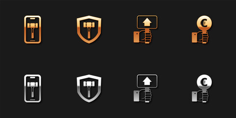 Set Online auction, Auction hammer, Hand holding paddle and icon. Vector