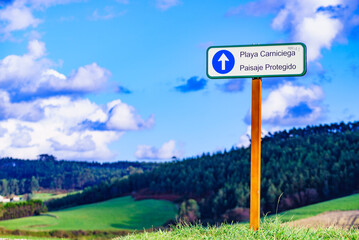 Information board Carniciega beach, Asturias coast in northern Spain.