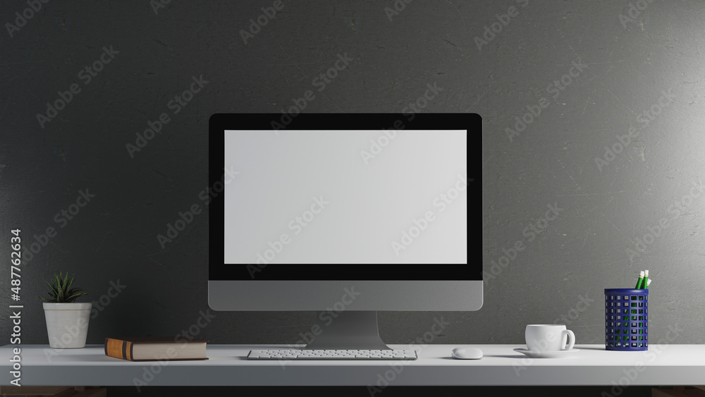 Poster computer with a white screen on the office table. 3d rendering
