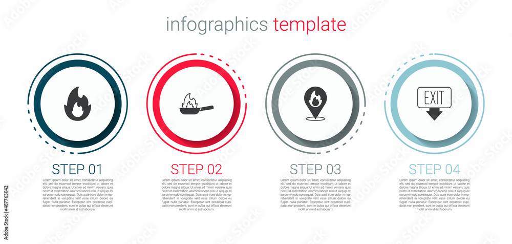 Sticker set fire flame, pan with fire, location and exit. business infographic template. vector