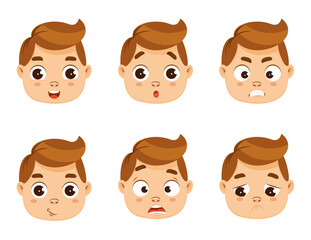 Set of the face of a cute boy in different emotions. Vector cartoon illustration isolated on a white background.