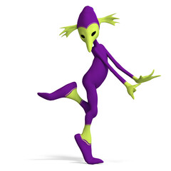 3D-illustration of a cute and funny cartoon alien dancing