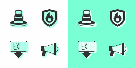 Set Megaphone, Traffic cone, Fire exit and protection shield icon. Vector