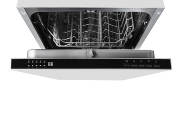 Empty modern metal dishwasher placed on white background