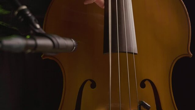 Male hands playing standup bass while recording with a microphone in foreground