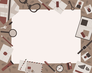 Frame on the theme of a detective investigation. Scattered on the table are the detective's accessories, a magnifying glass, handcuffs, a book, and a compass. Flat vector illustration.