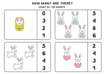 Counting game with Easter bunnies. Educational worksheet.