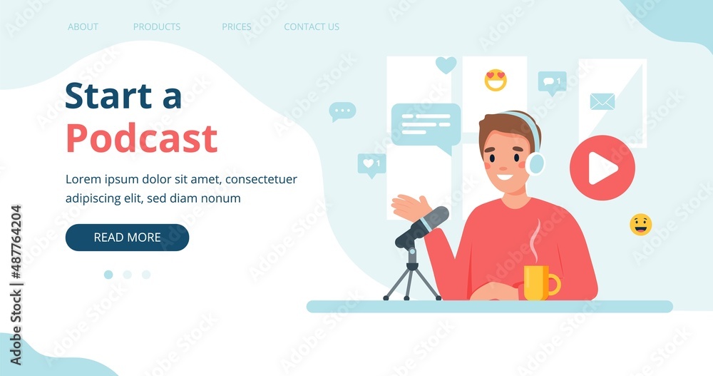 Canvas Prints podcaster talking to microphone recording podcast. landing page template vector illustration in flat