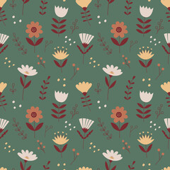 Fototapeta na wymiar Vector seamless pattern with simple creative flowers, twigs and herbs. Backdrop with botanical elements on beige background. Great for wrapping paper, textiles, fabric, greeting cards and scrapbooking