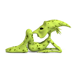 3D-illustration of a cute and funny cartoon alien laying on the ground
