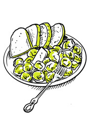 Vector sketch of Ukrainian national dish pelmeni with bread