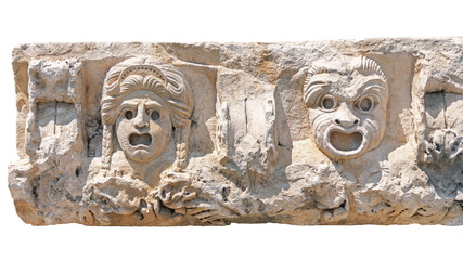 Fragment of marble decoration with tragedy mask bas-relief. Ruined ancient theater in Myra, old antique city (Turkey). Close up fragment. Isolated, white background. History of theater or art concept - Powered by Adobe