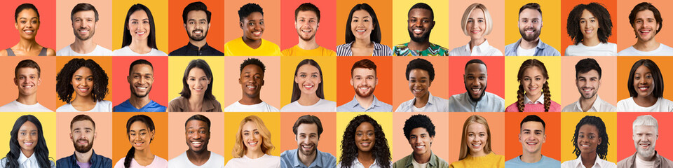 Fototapeta na wymiar Collage of cheerful happy millennial diverse men and women look at camera on colorful backgrounds