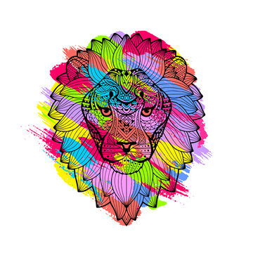 Portrait of a Lion on a watercolor colorful grunge background. Leo head pattern. Colored brush strokes. Doodle, boho ethnic style. Tribal ornament painted by hand. Series ethnic animals. Vector