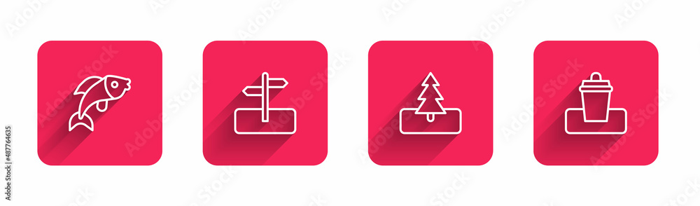 Poster set line fish, road traffic sign, tree and trash can with long shadow. red square button. vector